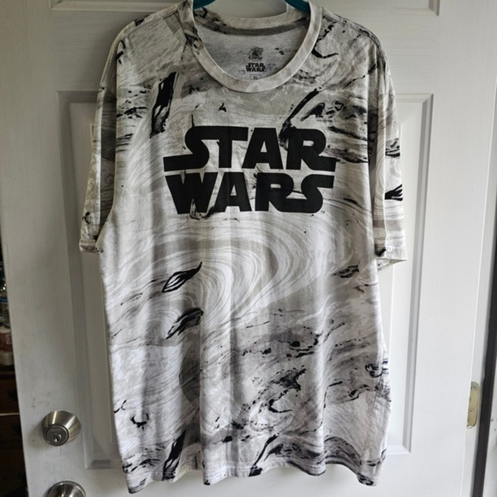 Disney Star Wars Mens XL Marble Print Graphic T-Shirt‎ Grey White Black Cotton